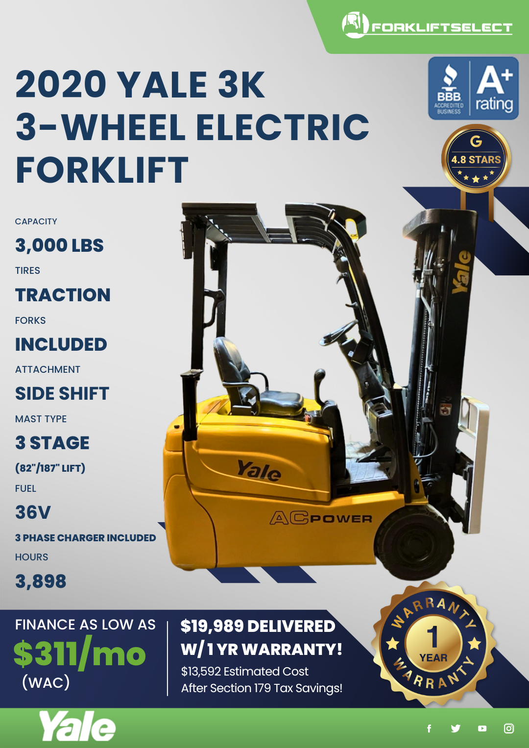2020 YALE 3K 3-WHEEL ELECTRIC FORKLIFT