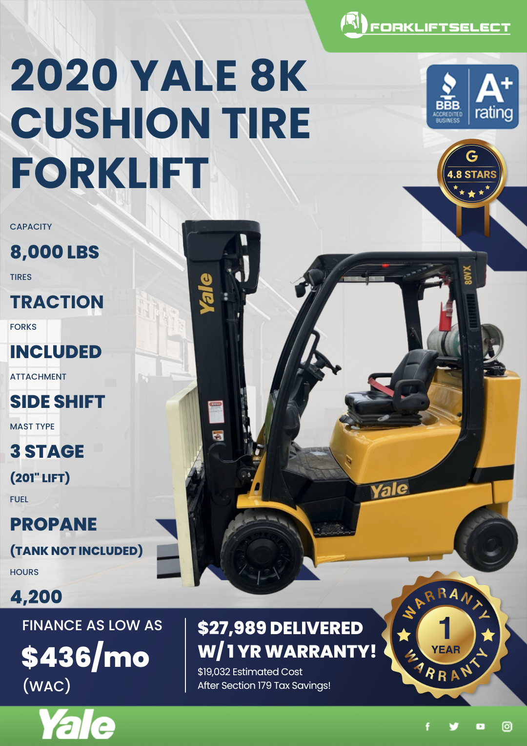 2020 YALE 8K CUSHION TIRE FORKLIFT
