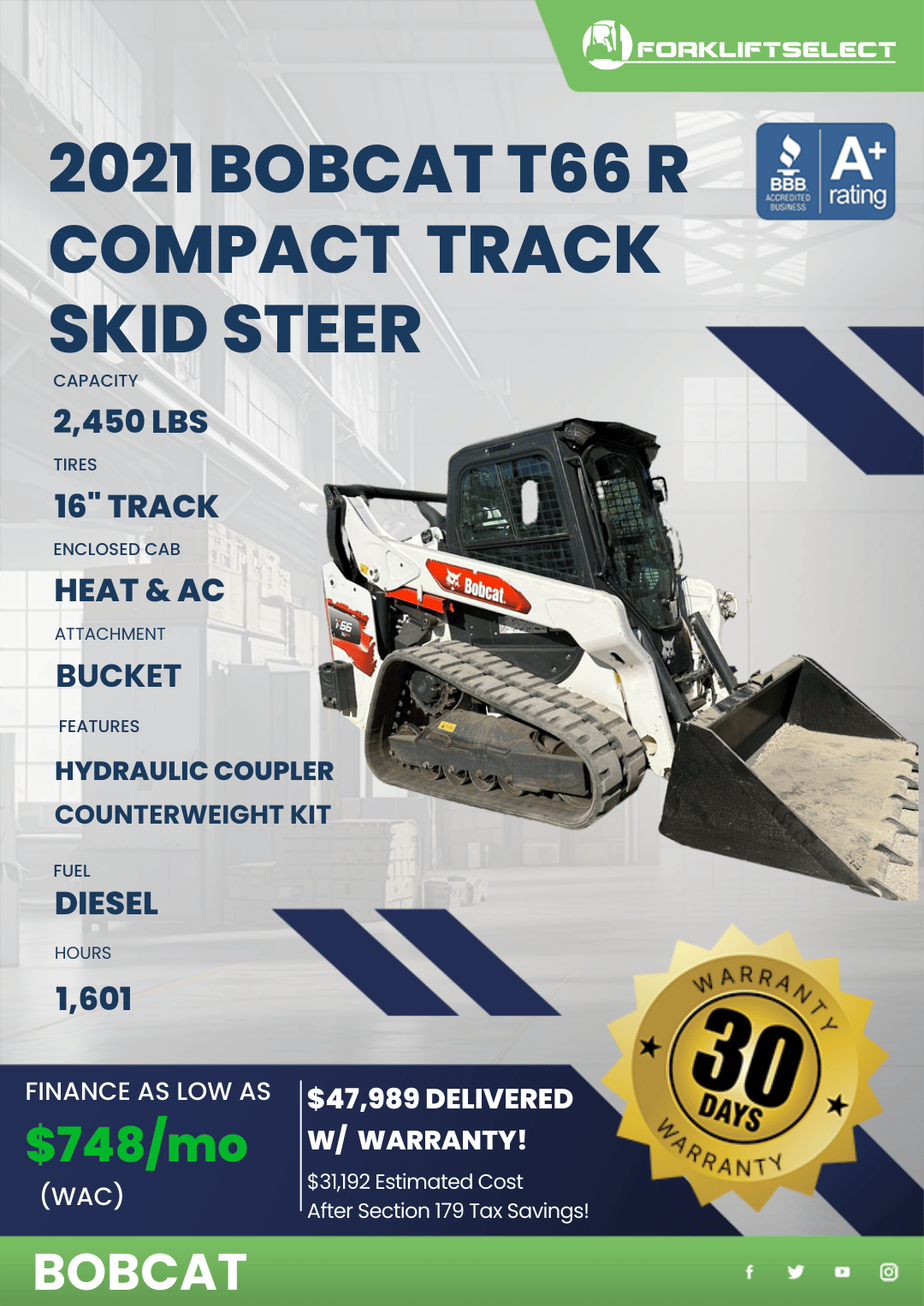 2021 BOBCAT T66R COMPACT TRACK SKID STEER