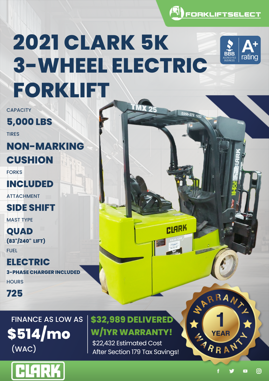 2021 CLARK 5K 3-WHEEL ELECTRIC FORKLIFT