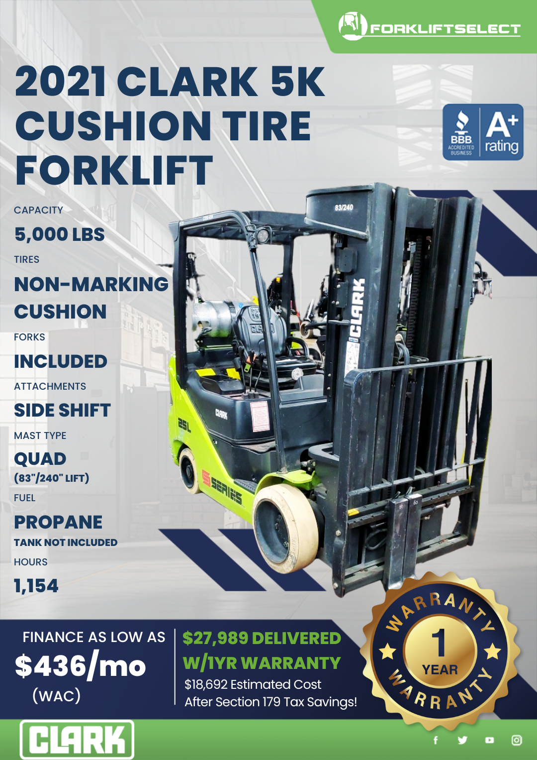 2021 CLARK 5K CUSHION TIRE FORKLIFT