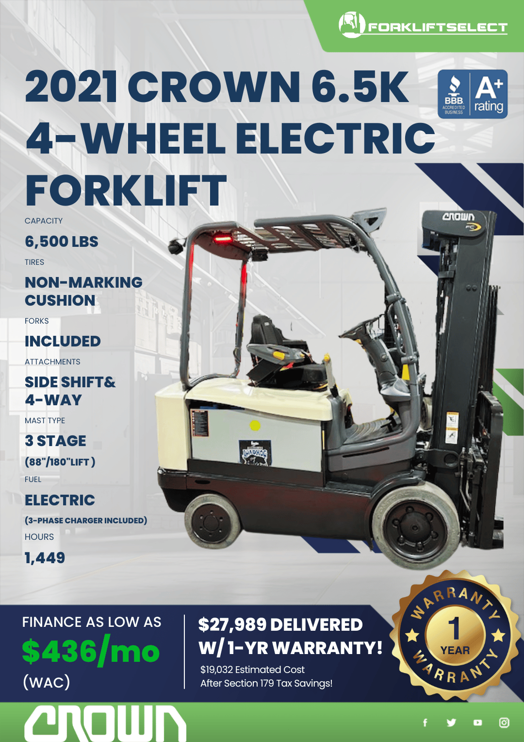 2021 CROWN 6.5K 4-WHEEL ELECTRIC FORKLIFT