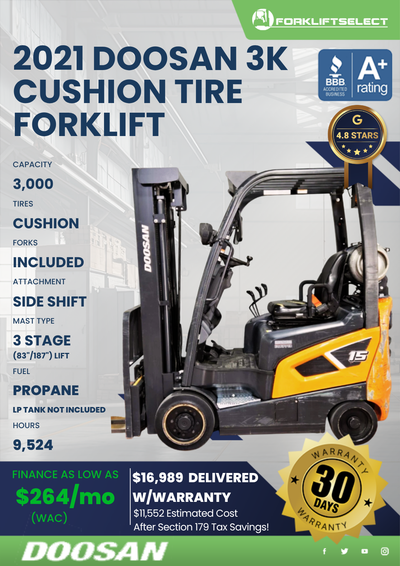 2021 DOOSAN 3K CUSHION TIRE FORKLIFT
