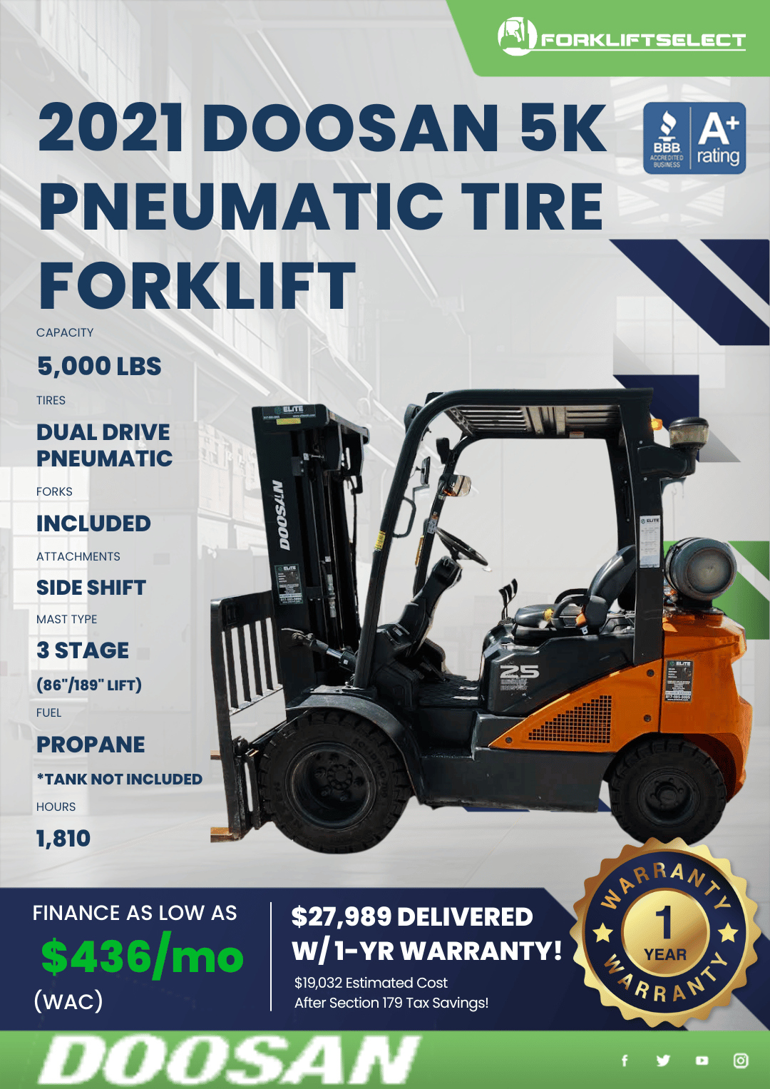 2021 DOOSAN 5K PNEUMATIC TIRE FORKLIFT