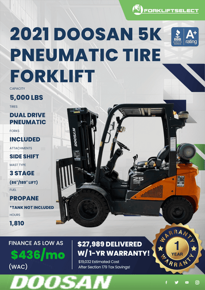 2021 DOOSAN 5K PNEUMATIC TIRE FORKLIFT