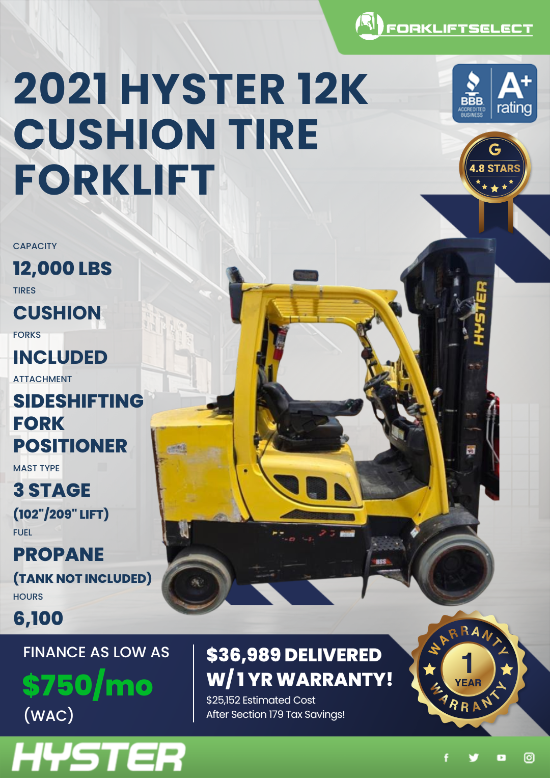 2021 HYSTER 12K CUSHION TIRE FORKLIFT