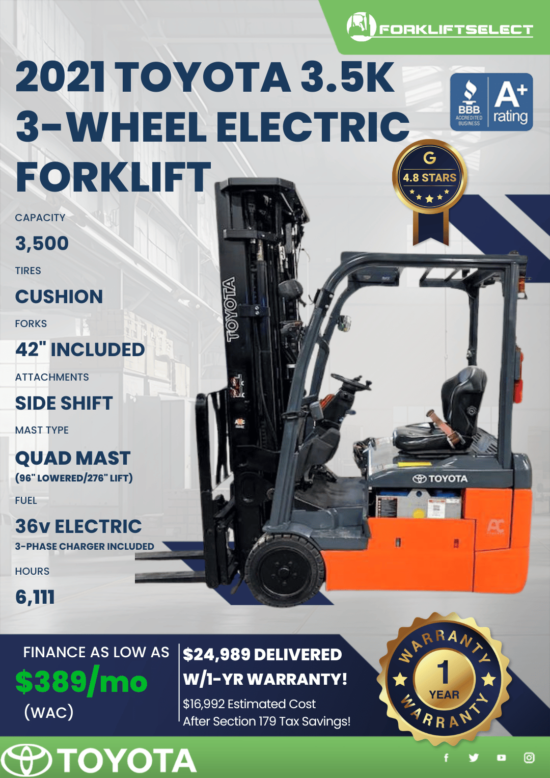 2021 TOYOTA 3.5K 3-WHEEL ELECTRIC FORKLIFT