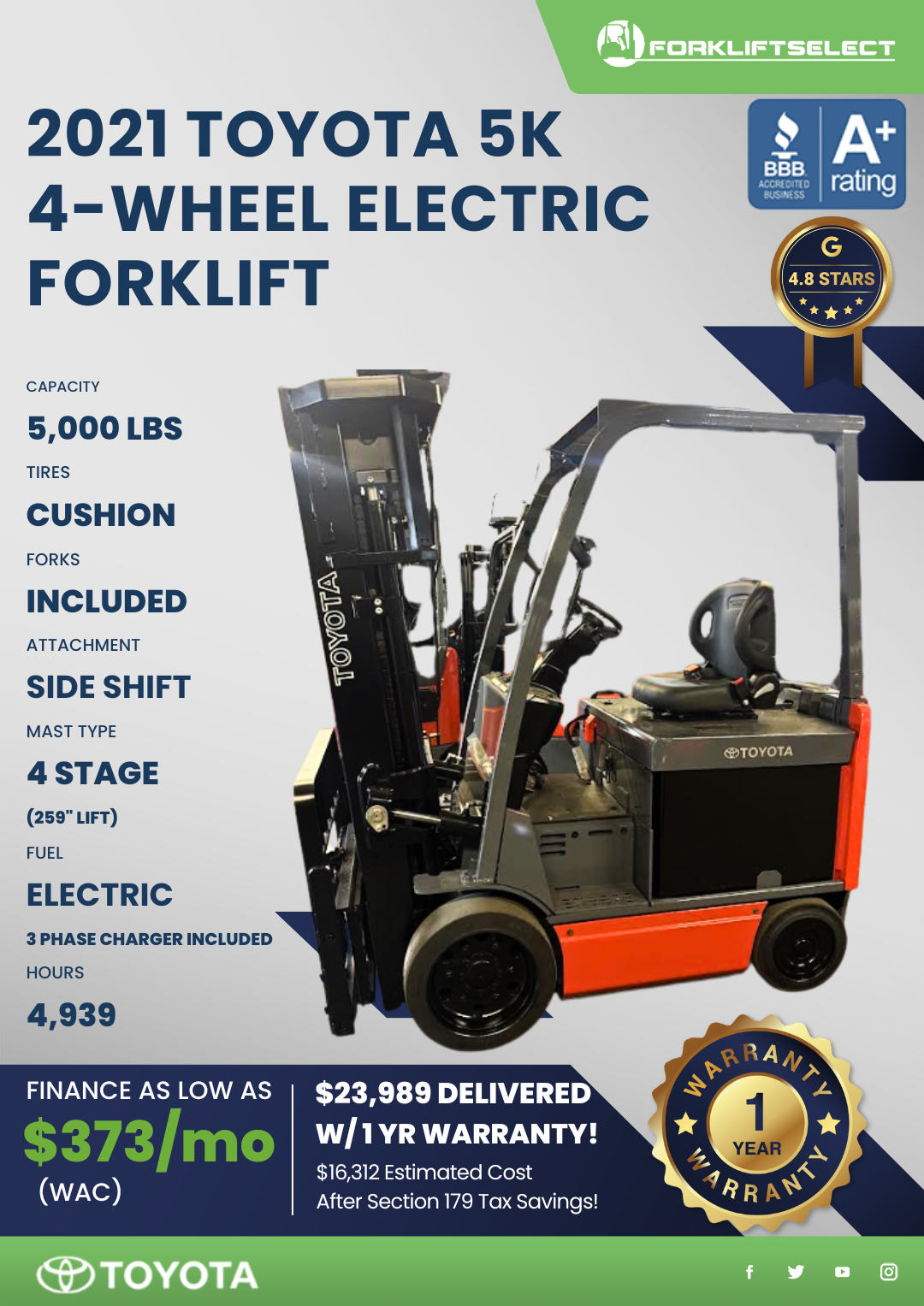 2021 TOYOTA 5K 4- WHEEL ELECTRIC FORKLIFT
