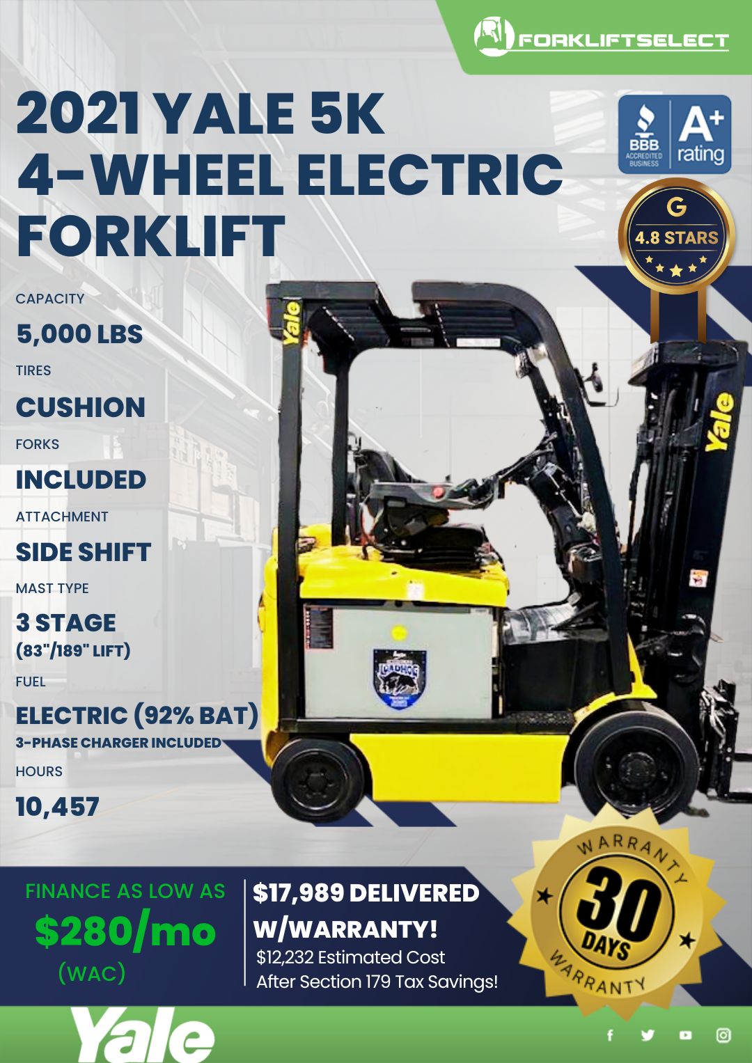 2021 YALE 5K 4- WHEEL ELECTRIC FORKLIFT
