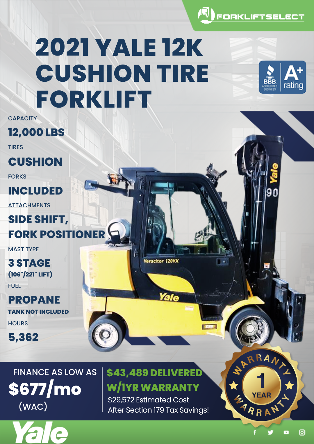 2021 YALE 12K CUSHION TIRE FORKLIFT