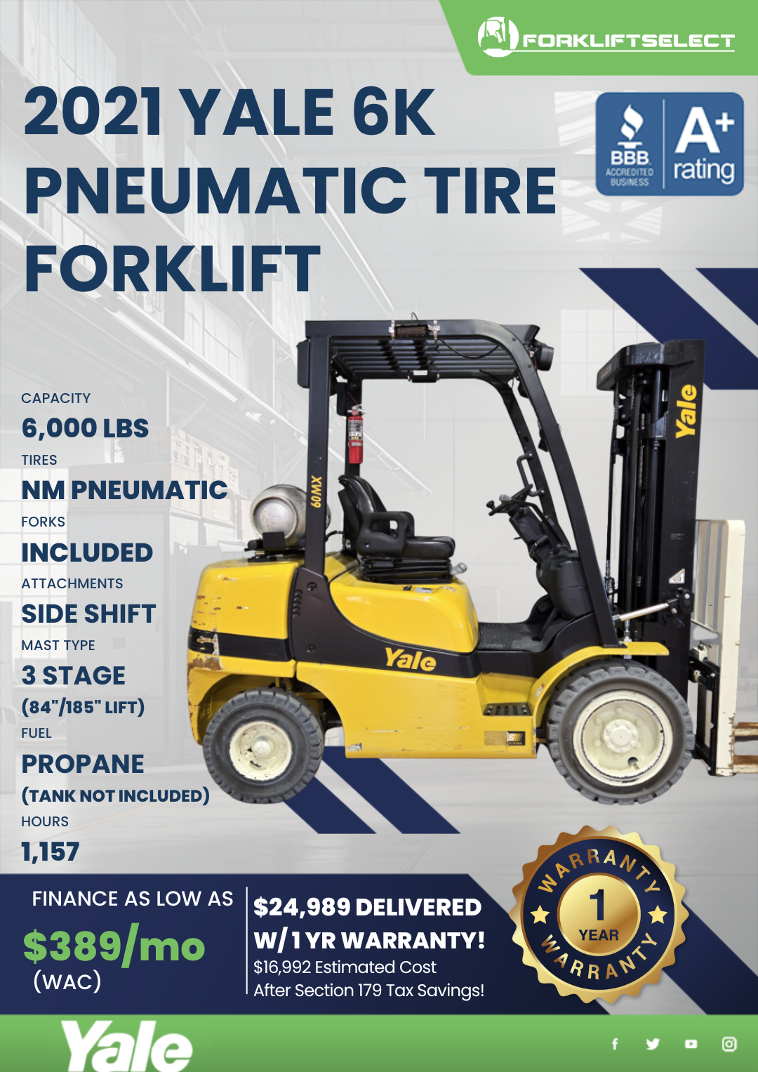 2021 YALE 6K PNEUMATIC TIRE FORKLIFT