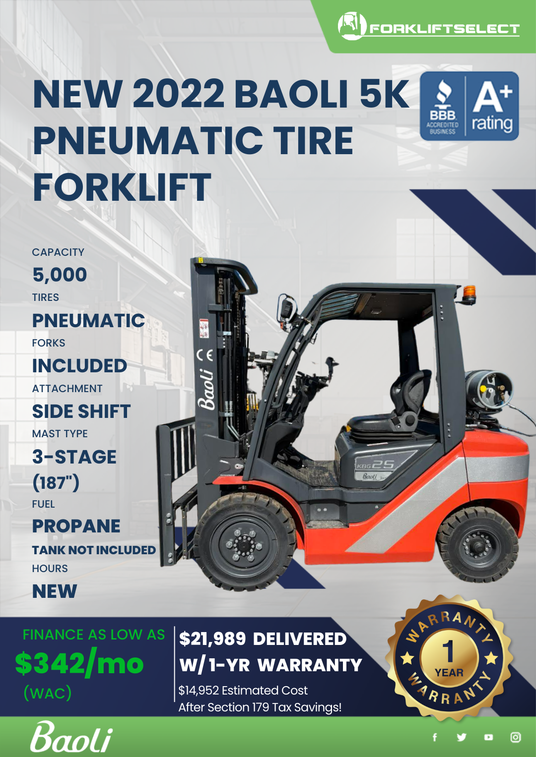 2022 BAOLI 5K PNEUMATIC TIRE FORKLIFT