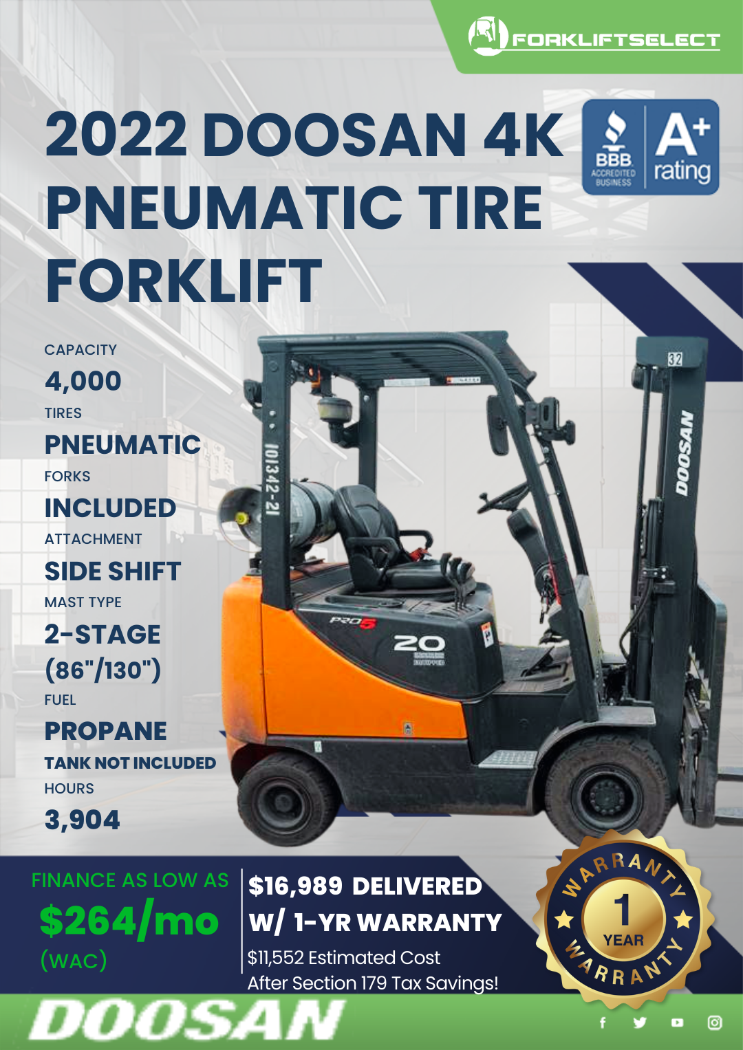2022 DOOSAN 4K PNEUMATIC TIRE FORKLIFT