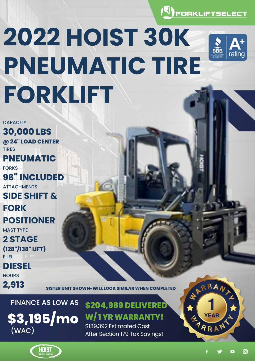 2022 HOIST 30K PNEUMATIC TIRE FORKLIFT