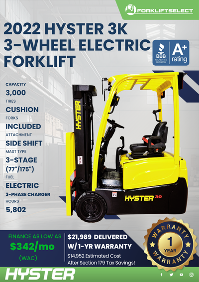 2022 HYSTER 3K 3-WHEEL ELECTRIC FORKLIFT