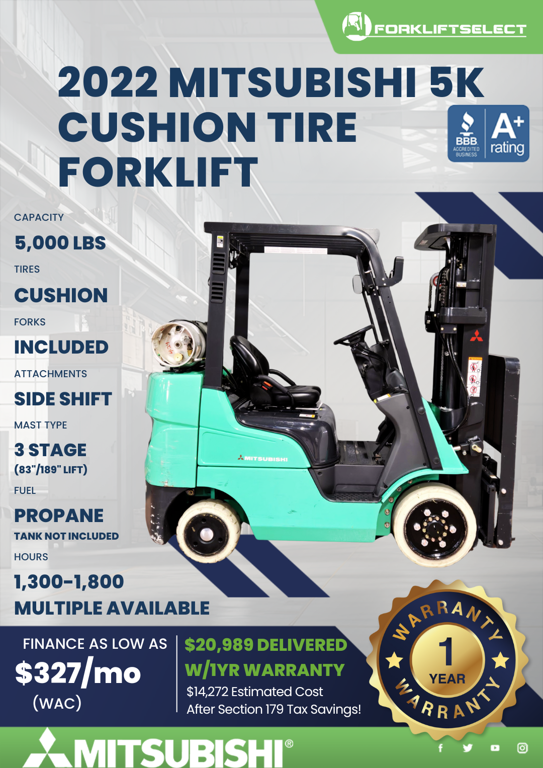 2022 MITSUBISHI 5K CUSHION TIRE FORKLIFT