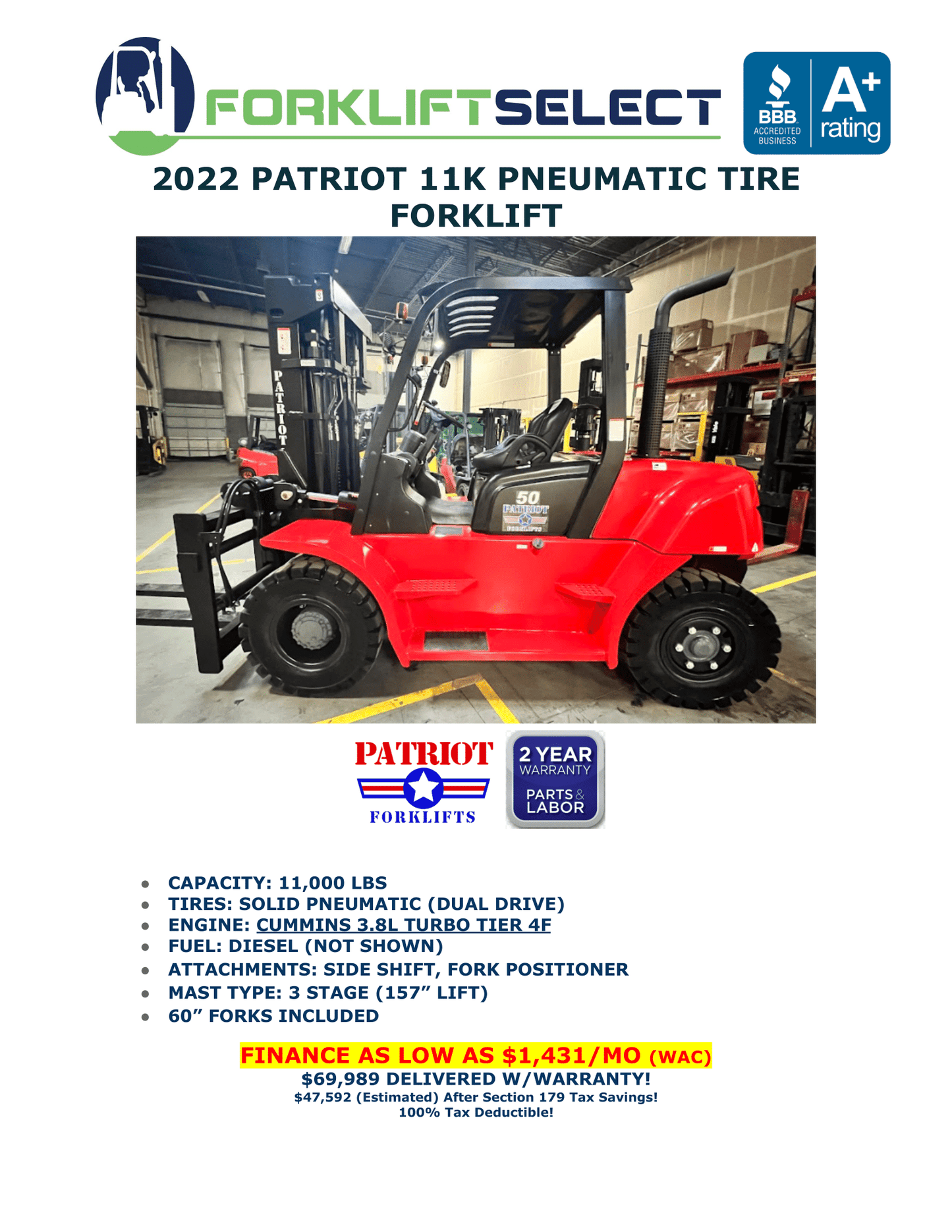 2022 PATRIOT 11K PNEUMATIC TIRE FORKLIFT