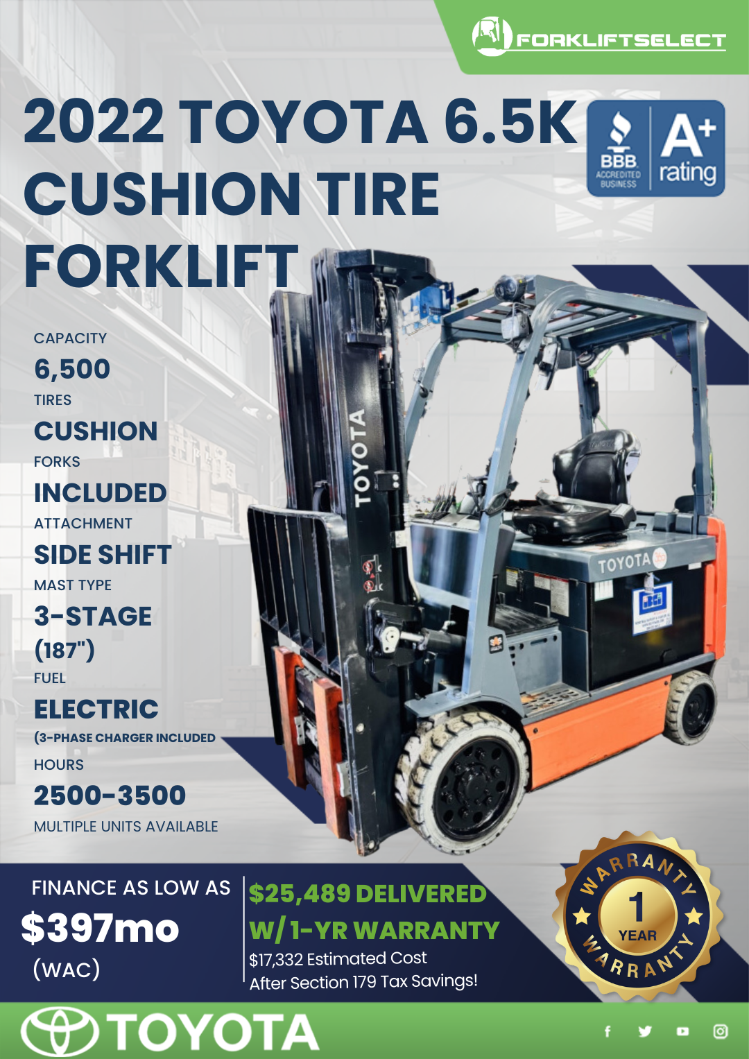 2022 TOYOTA 6.5K CUSHION TIRE FORKLIFT