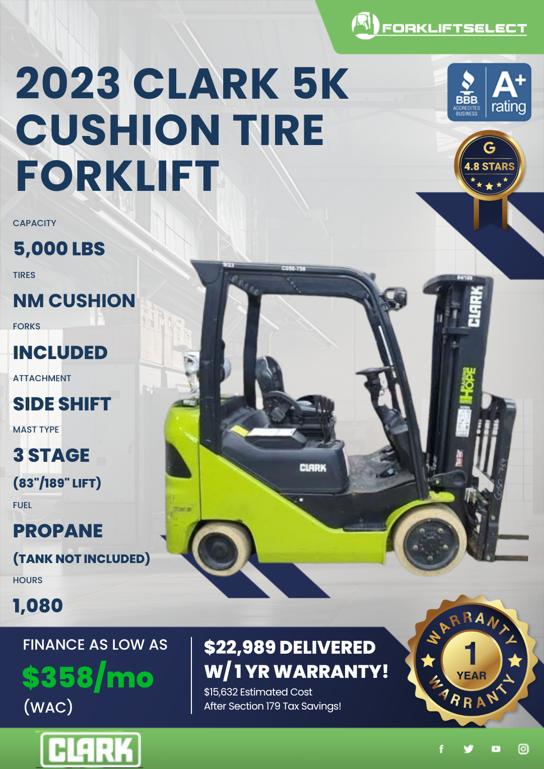 2023 CLARK 5K CUSHION TIRE FORKLIFT