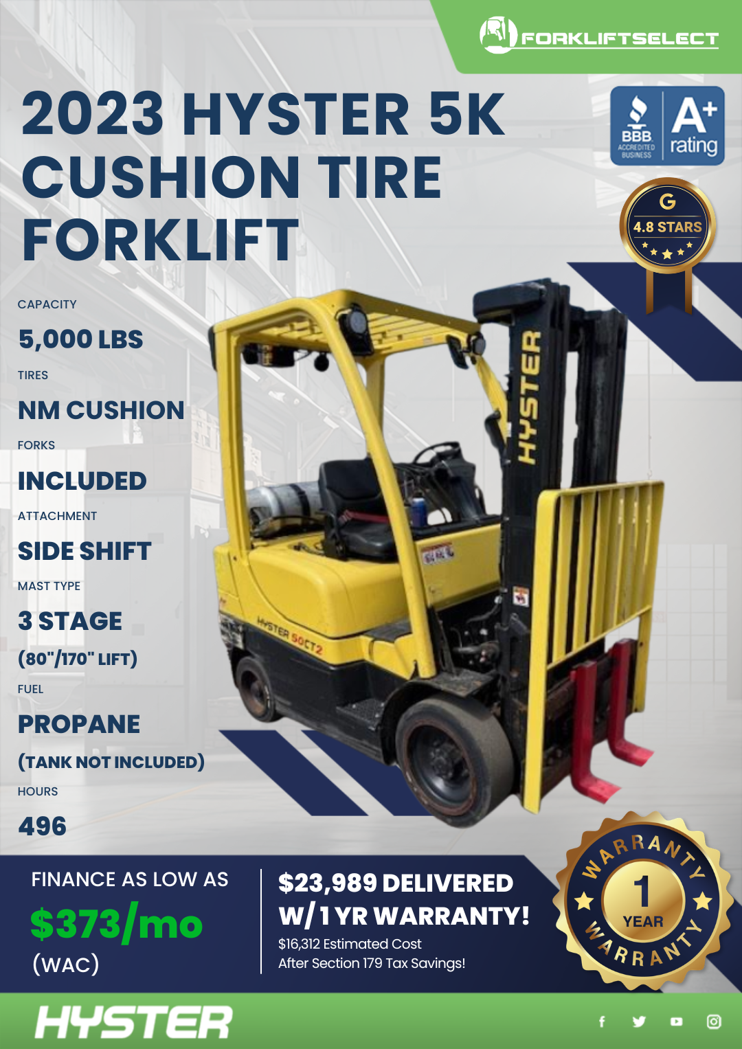 2023 HYSTER 5K CUSHION TIRE FORKLIFT