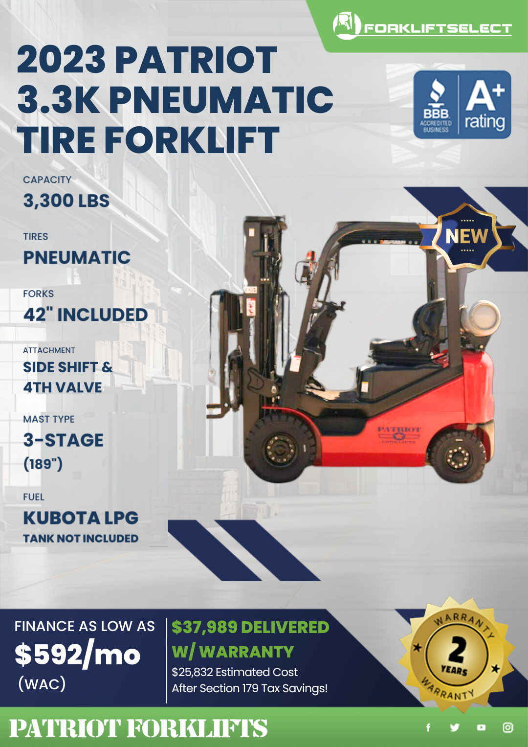 2023 PATRIOT 3.3K PNEUMATIC TIRE FORKLIFT