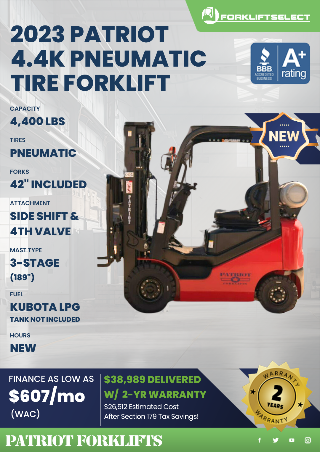 2023 PATRIOT 4.4K PNEUMATIC TIRE FORKLIFT