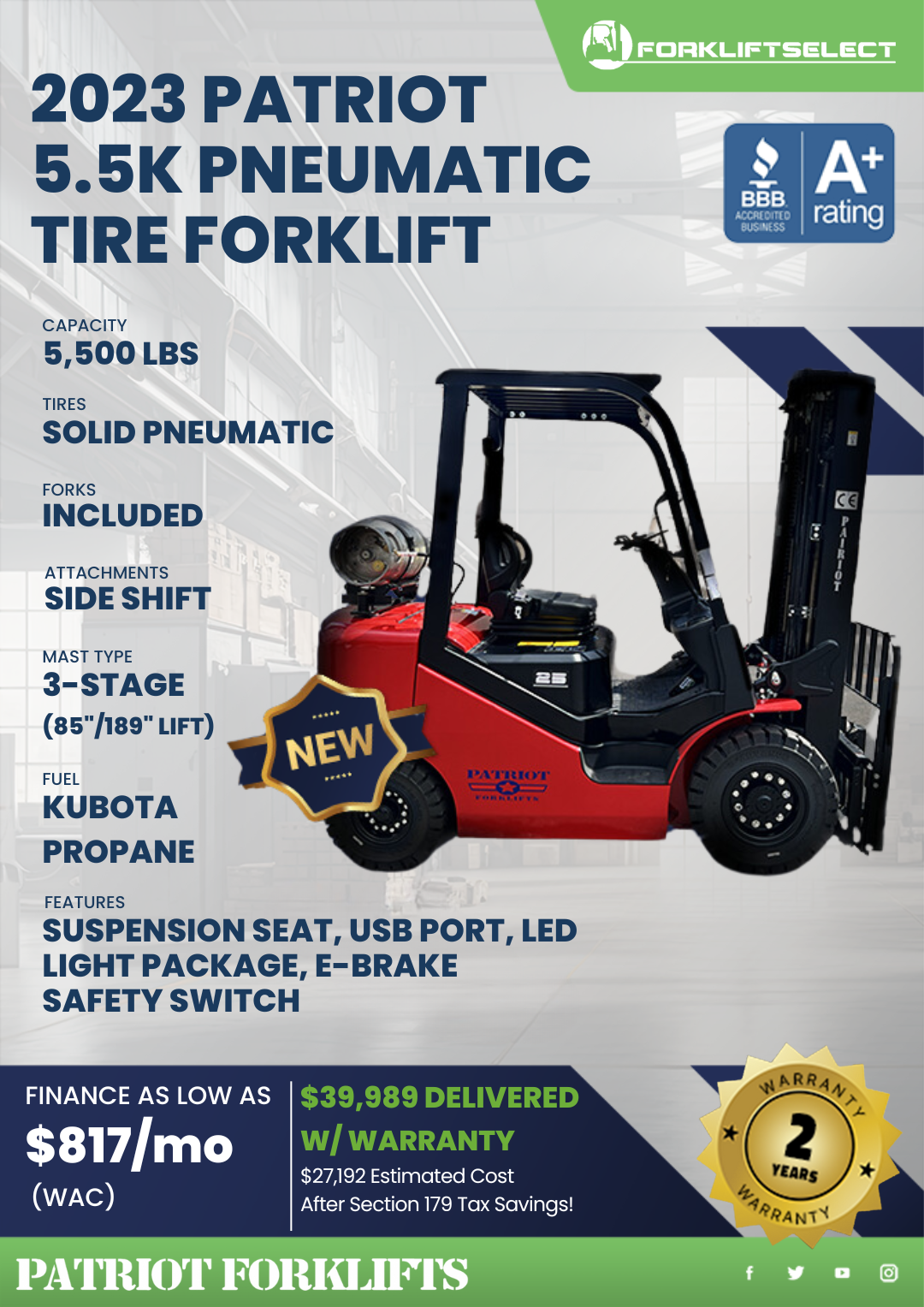 2023 PATRIOT 5.5K PNEUMATIC TIRE FORKLIFT