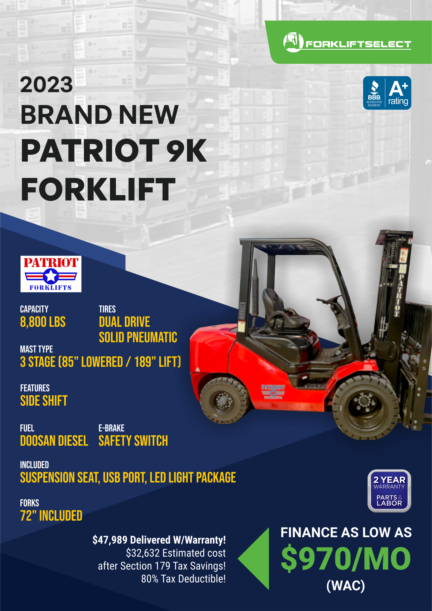 2023 PATRIOT 9K PNEUMATIC TIRE FORKLIFT