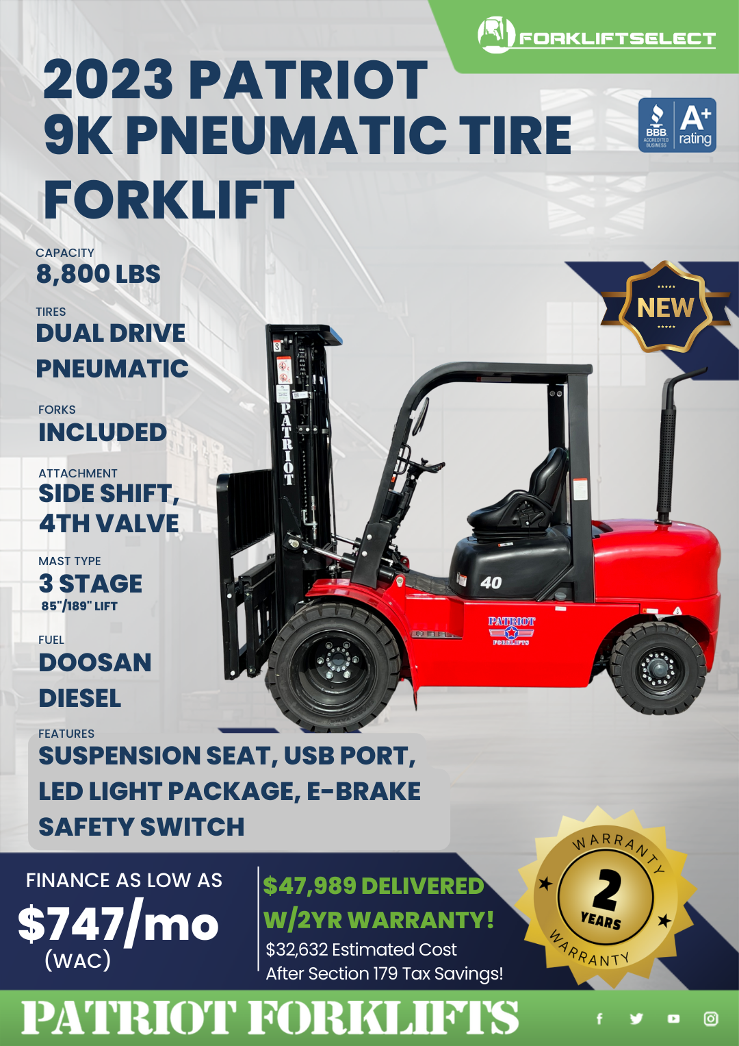 2023 PATRIOT 9K PNEUMATIC TIRE FORKLIFT