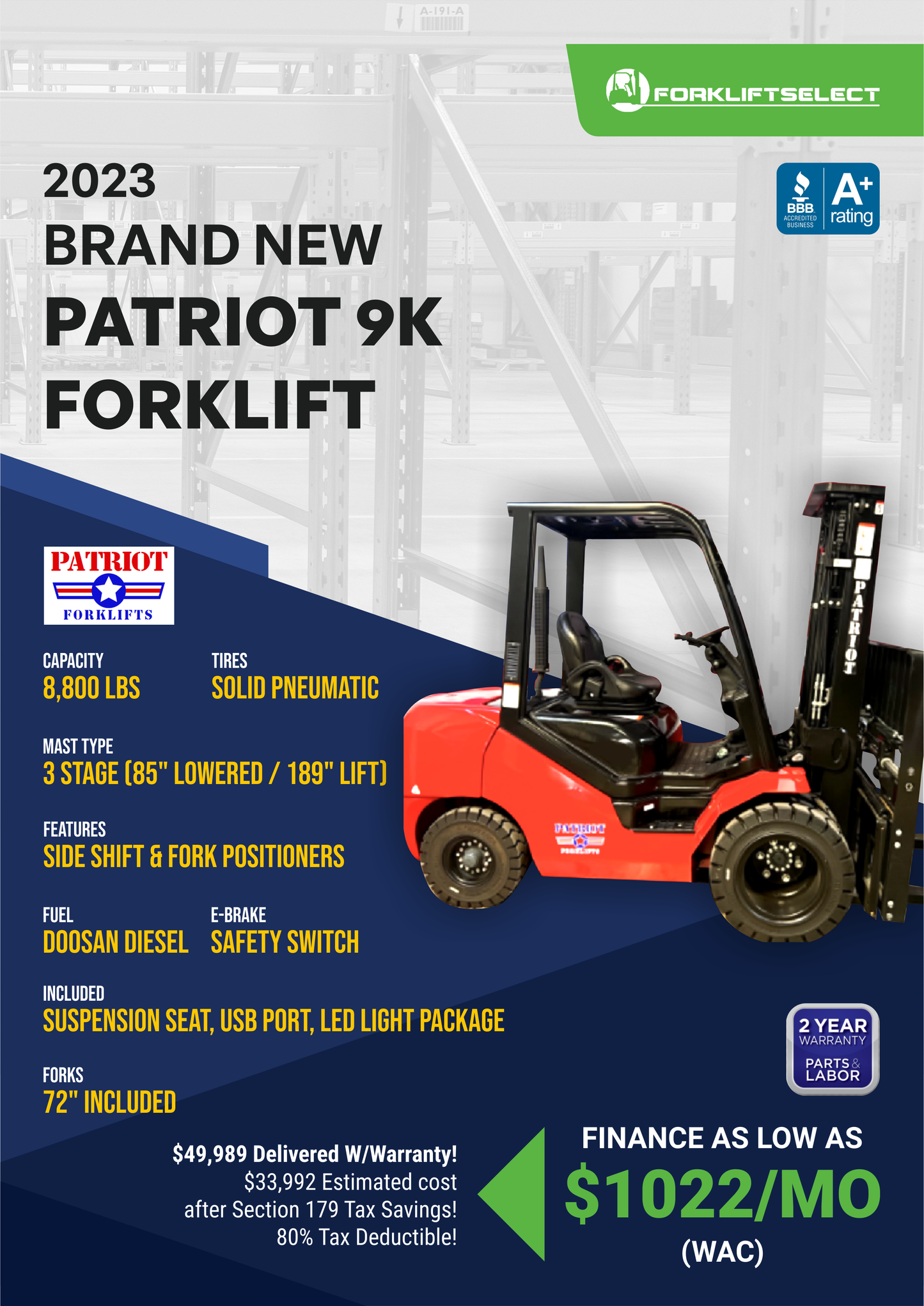 2023 PATRIOT 9K PNEUMATIC TIRE FORKLIFT