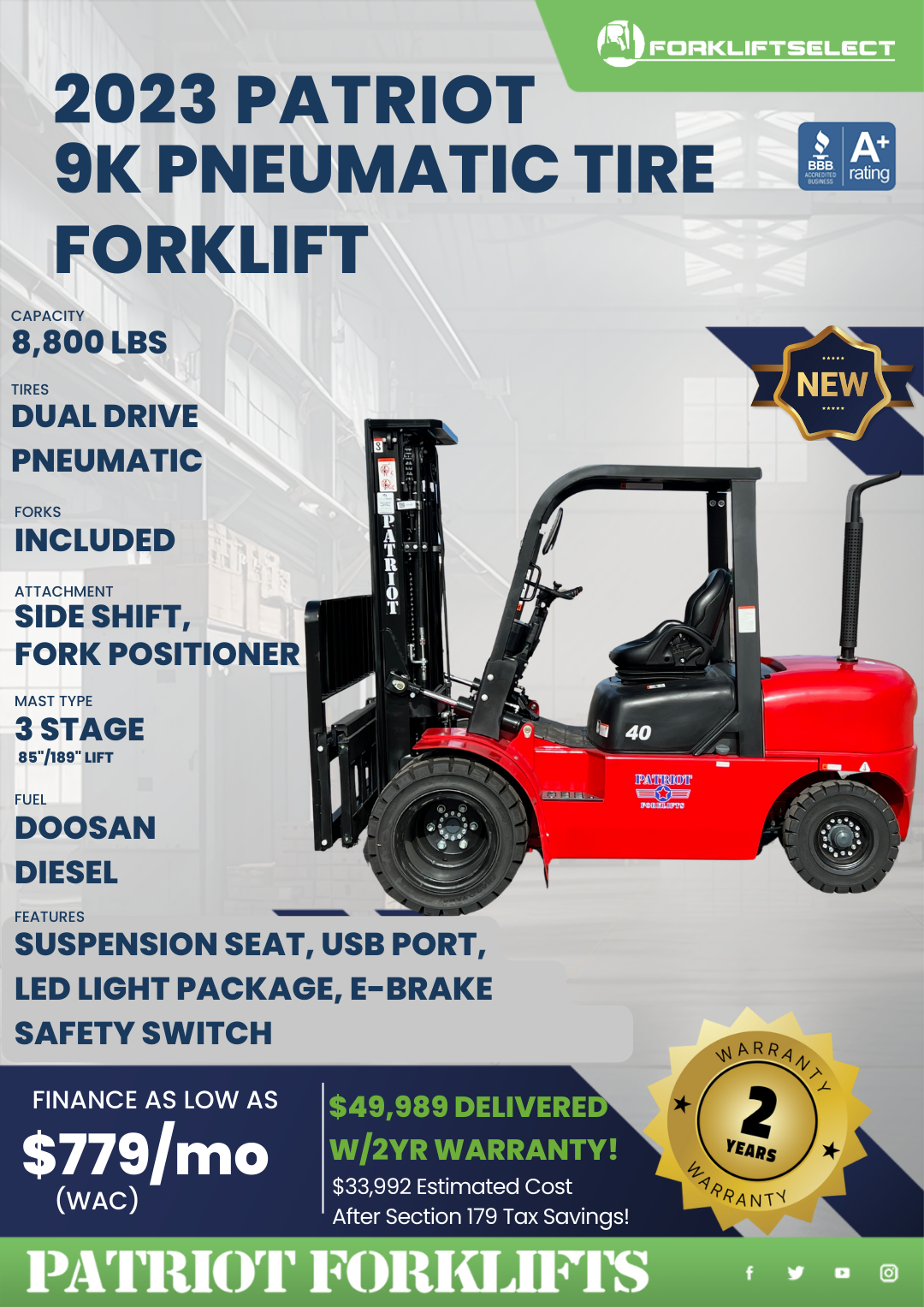 2023 PATRIOT 9K PNEUMATIC TIRE FORKLIFT