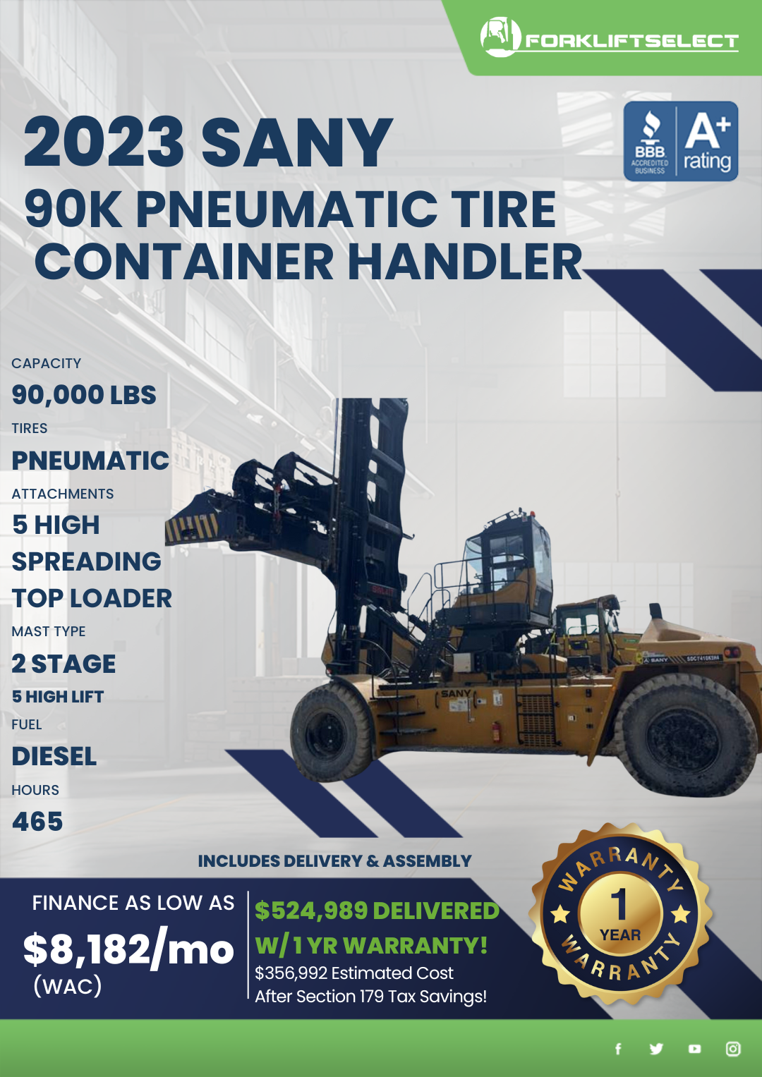 2023 SANY 90K PNEUMATIC TIRE CONTAINER HANDLER