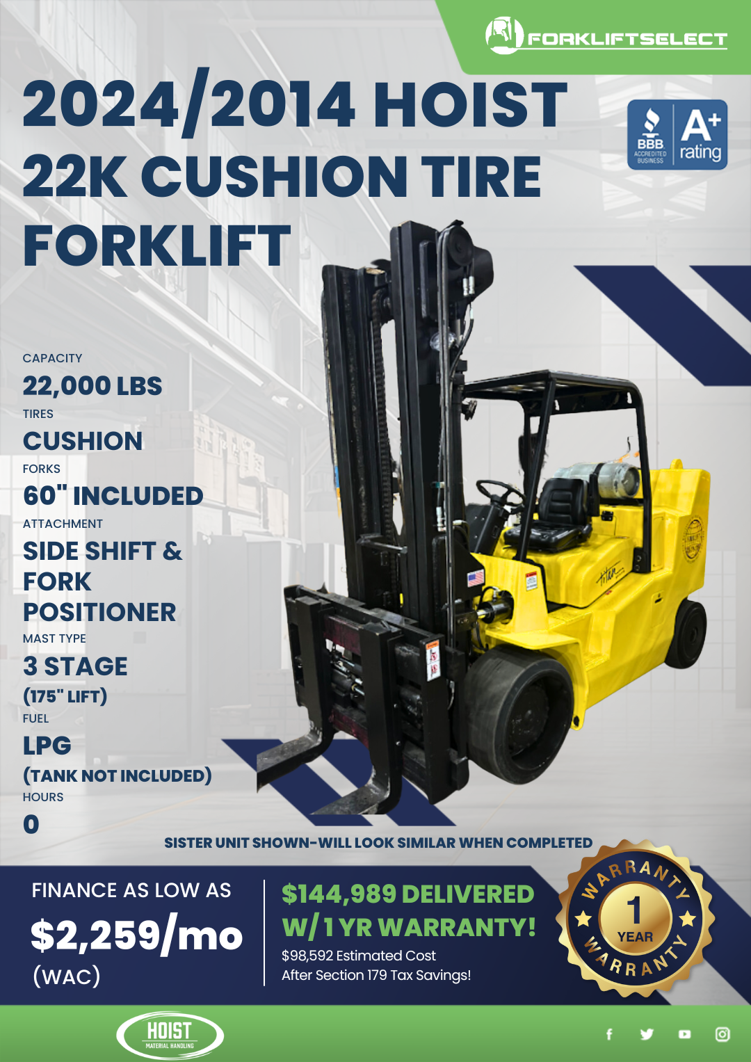 2024/2014 HOIST 22K CUSHION TIRE FORKLIFT