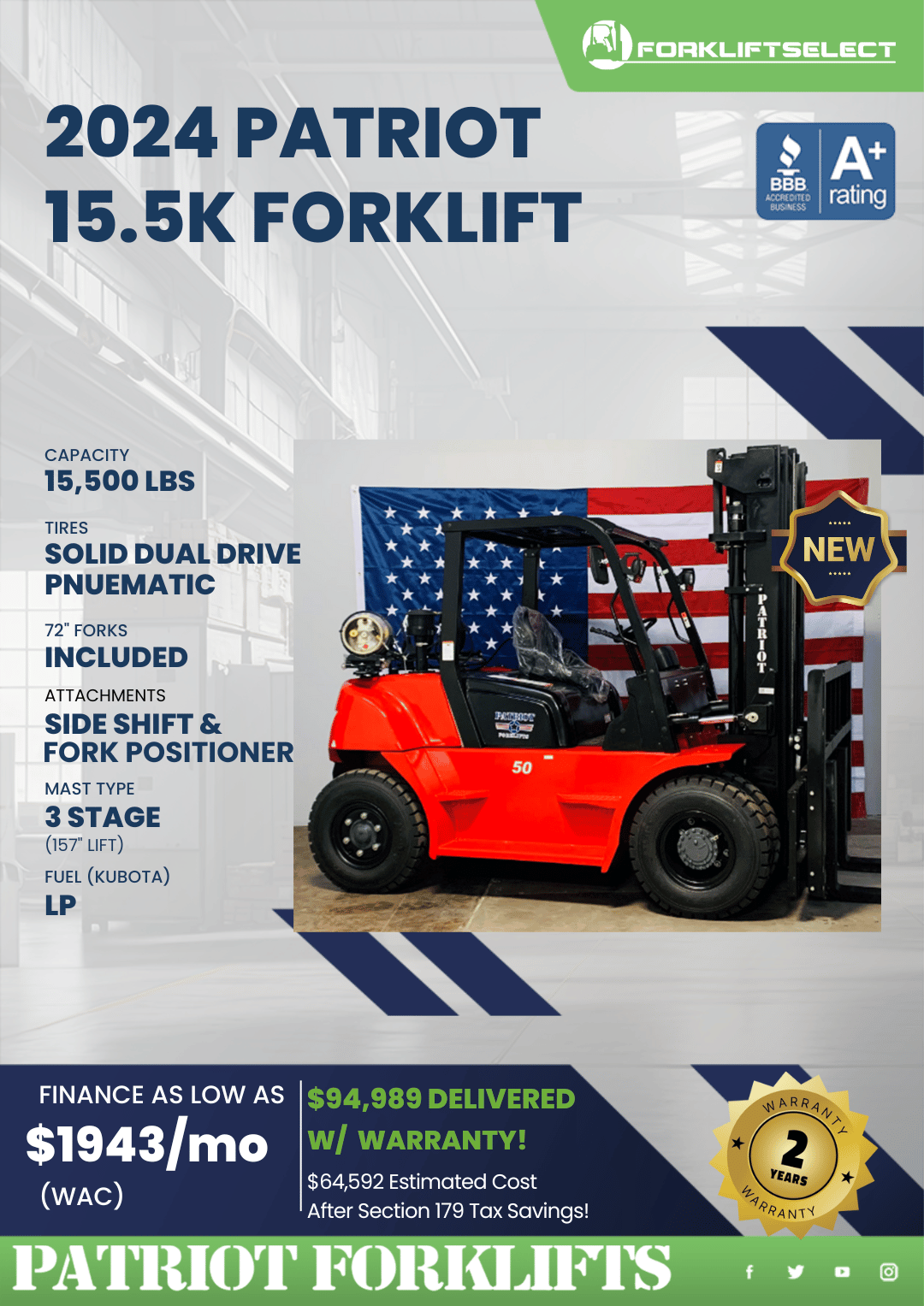 2024 PATRIOT 15.5K PNEUMATIC TIRE FORKLIFT