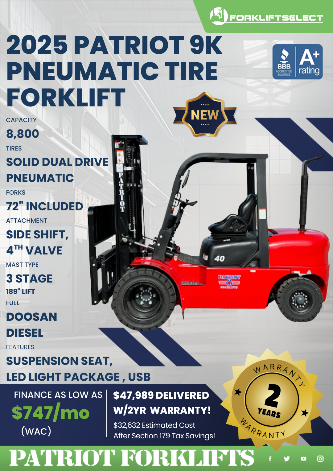 2025 PATRIOT 9K PNEUMATIC TIRE FORKLIFT
