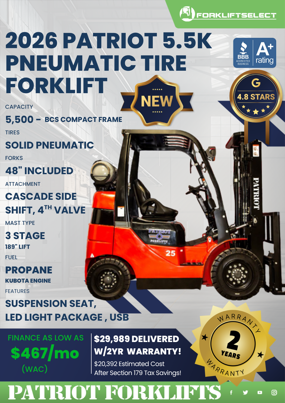 2026 PATRIOT 5.5K PNEUMATIC TIRE FORKLIFT