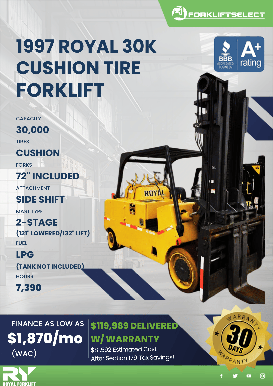 1997 ROYAL 30K CUSHION TIRE FORKLIFT