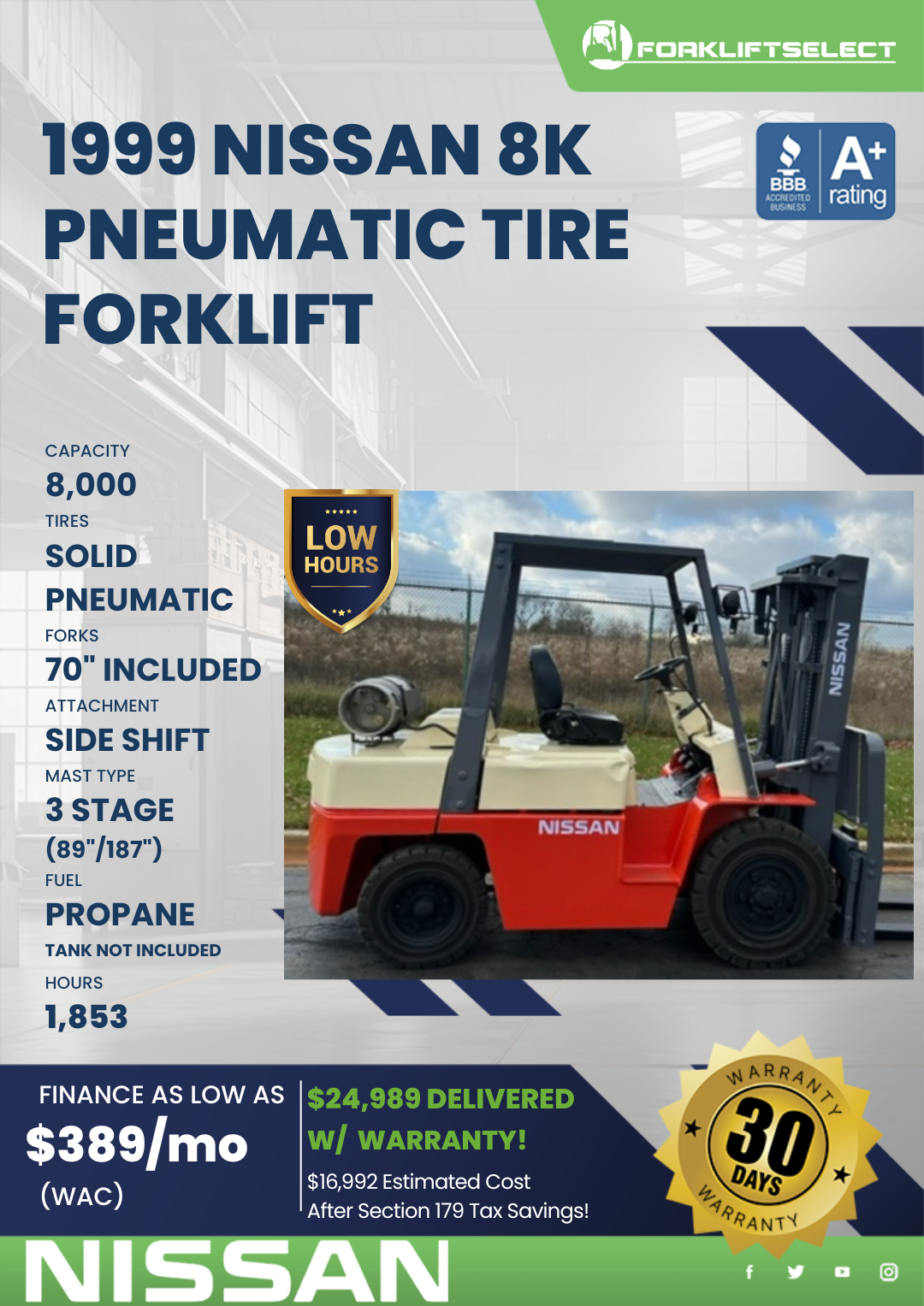 1999 NISSAN 8K PNEUMATIC TIRE FORKLIFT