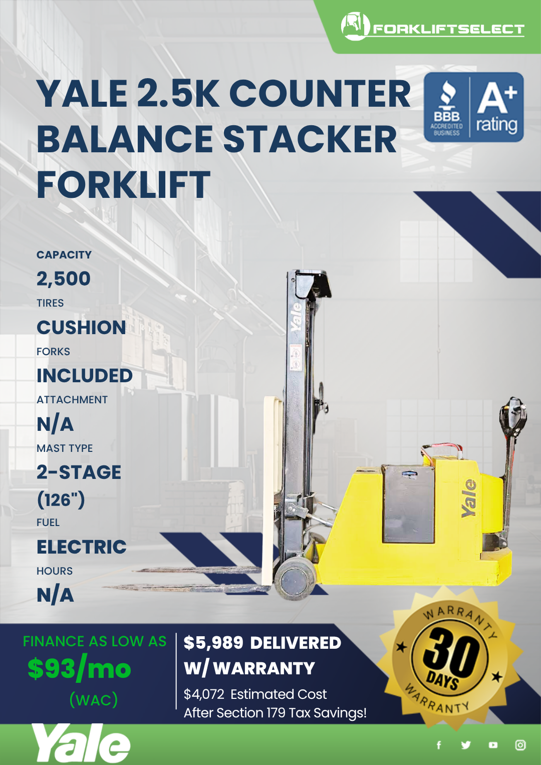 1999 YALE 2.5K COUNTER BALANCE STACKER FORKLIFT