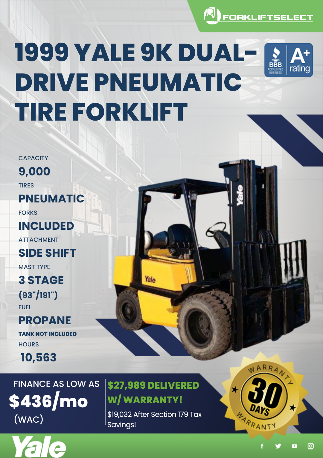 1999 YALE 9K PNEUMATIC TIRE FORKLIFT