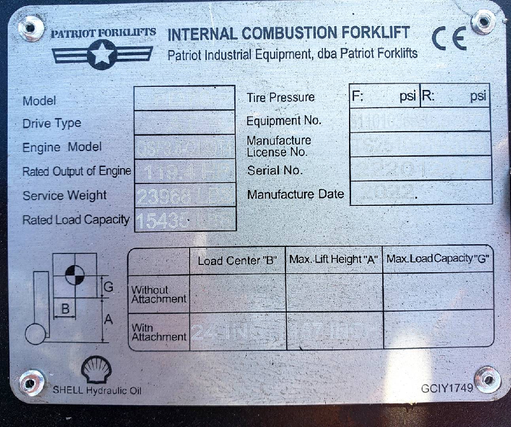 2022 PATRIOT 15.5K PNEUMATIC TIRE FORKLFIT