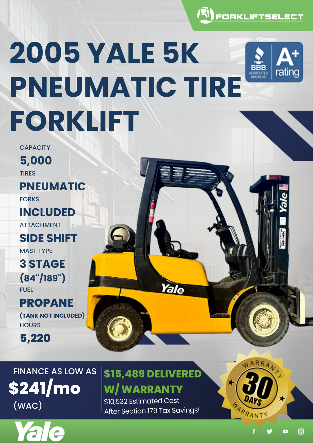 2005 YALE 5K PNEUMATIC TIRE FORKLIFT