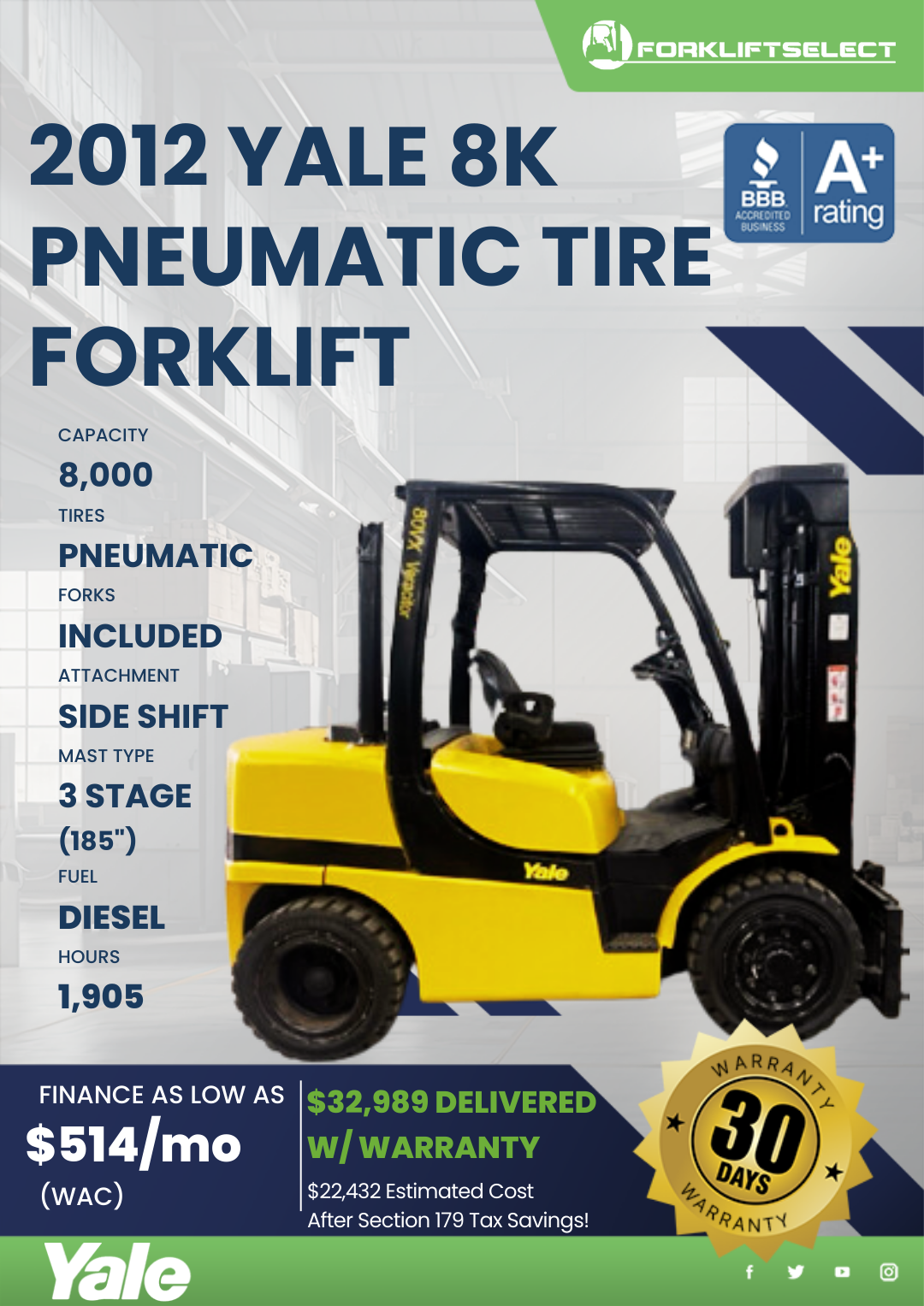 2012 YALE 8K PNEUMATIC TIRE FORKLIFT