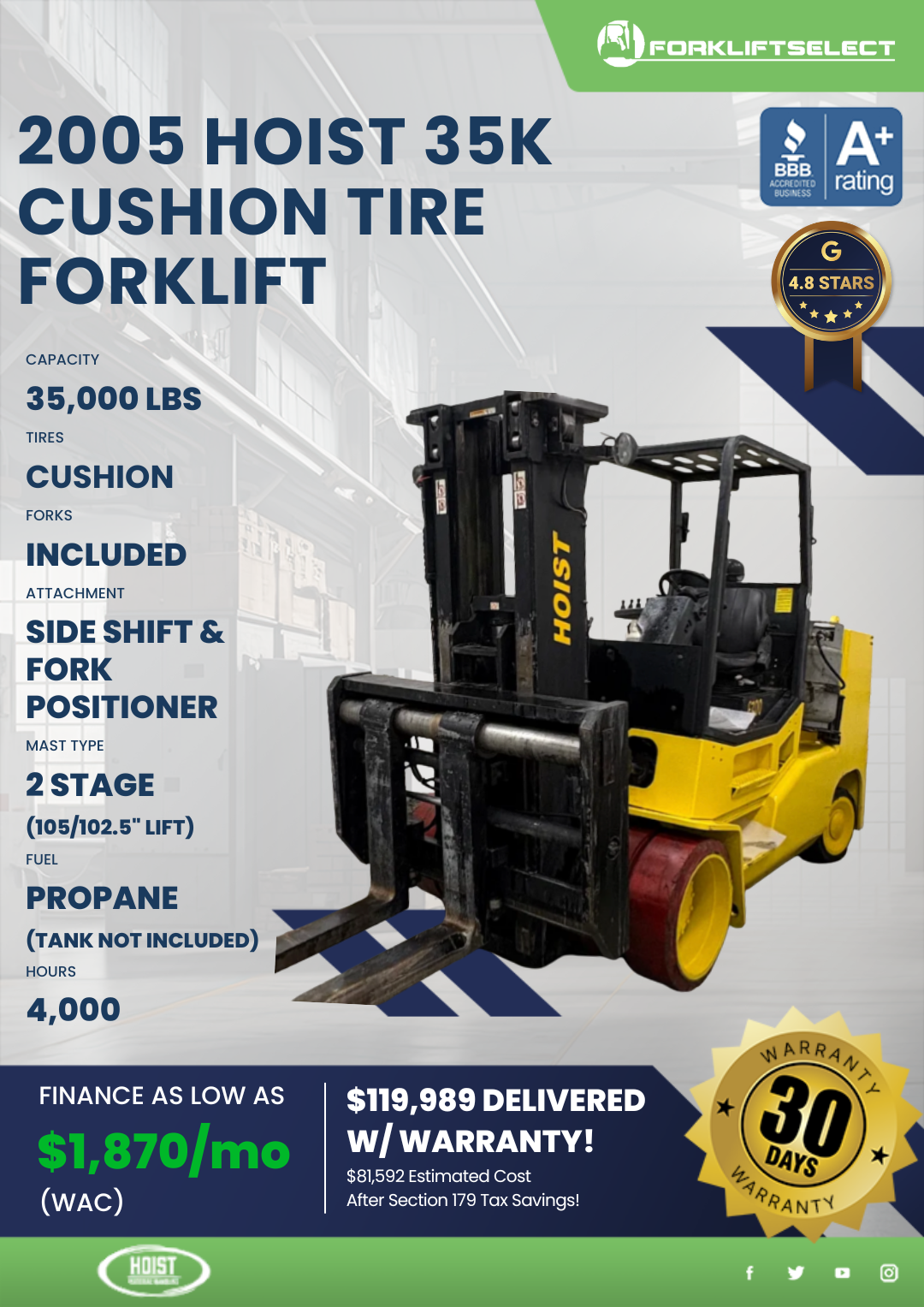 2005 HOIST 35K CUSHION TIRE FORKLIFT