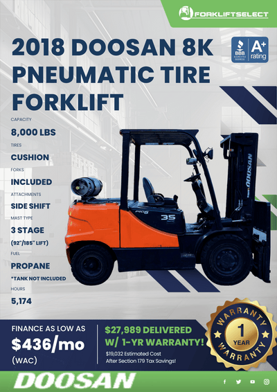 2018 DOOSAN 8K PNEUMATIC TIRE FORKLIFT