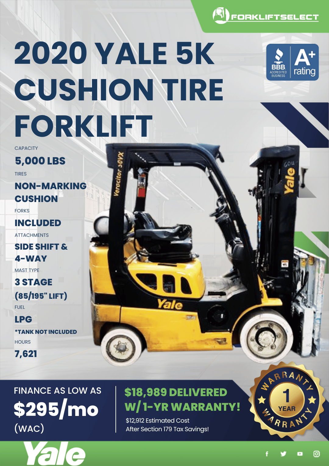 2020 YALE 5K CUSHION TIRE FORKLIFT