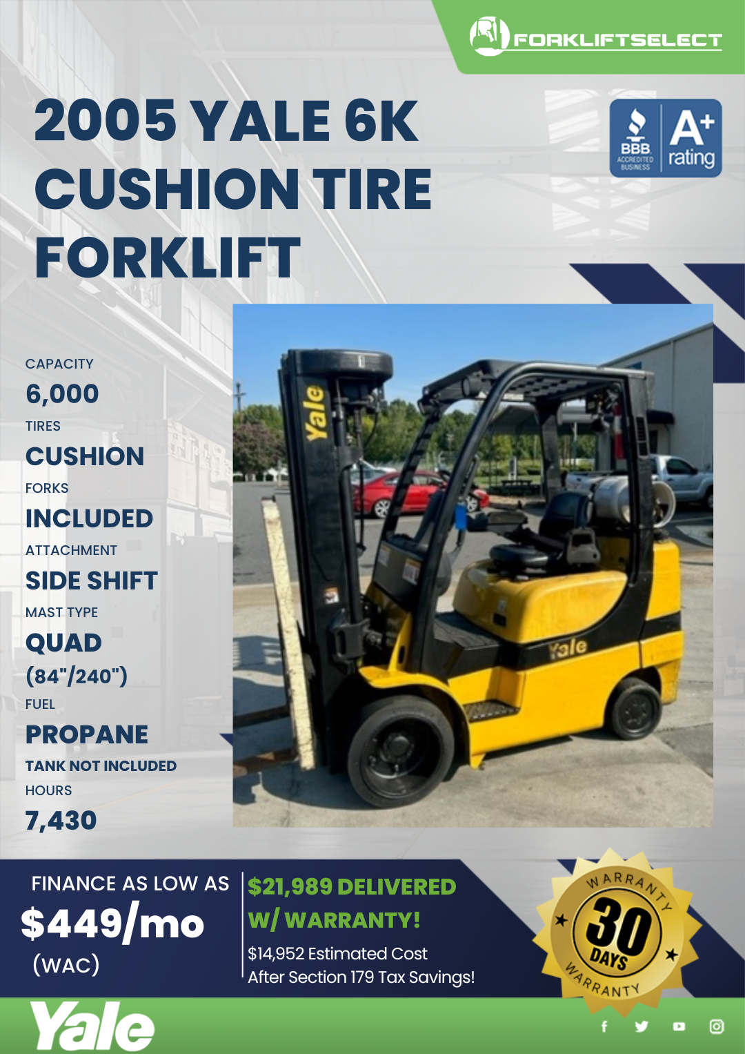 2005 YALE 6K CUSHION TIRE FORKLIFT