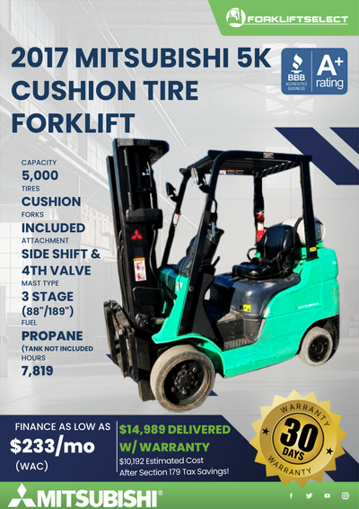 2017 MITSUBISHI 5K CUSHION TIRE FORKLIFT