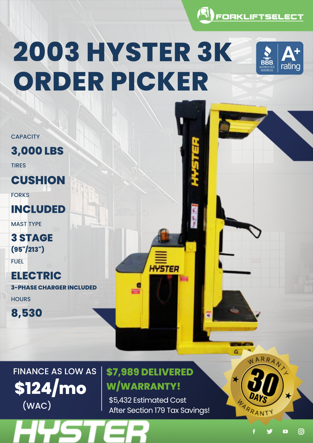 2003 HYSTER 3K CUSHION TIRE ORDER PICKER