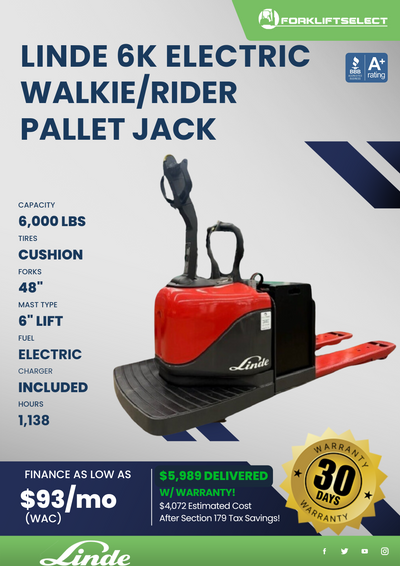 LINDE 6K CUSHION TIRE WALKIE/RIDER PALLET JACK